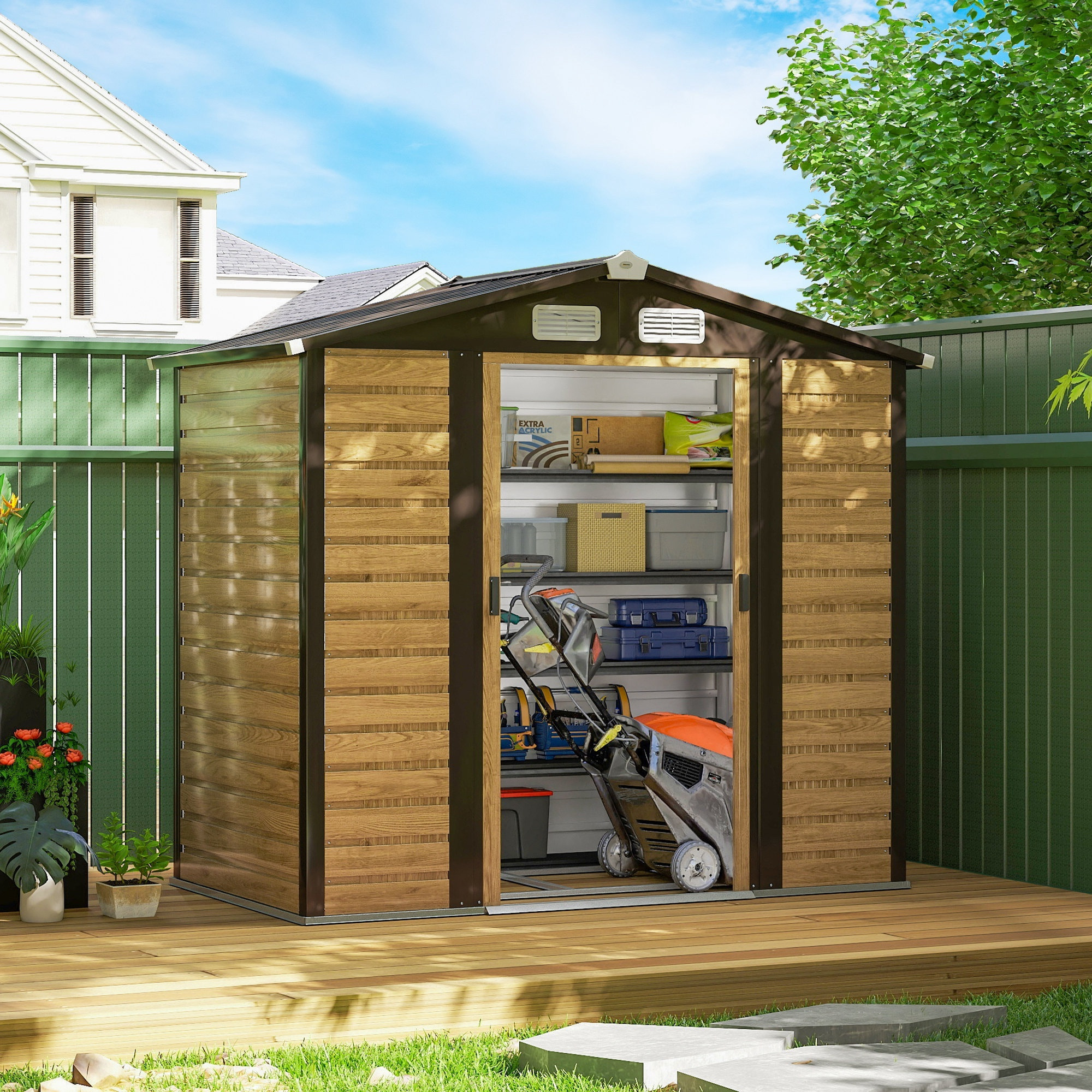 Abri de jardin métal cabanon 2,36m² dim. 213x 120x 166/194Hcm - 2 portes, cadenas, clé, gants inclus - acier effet bois taupe