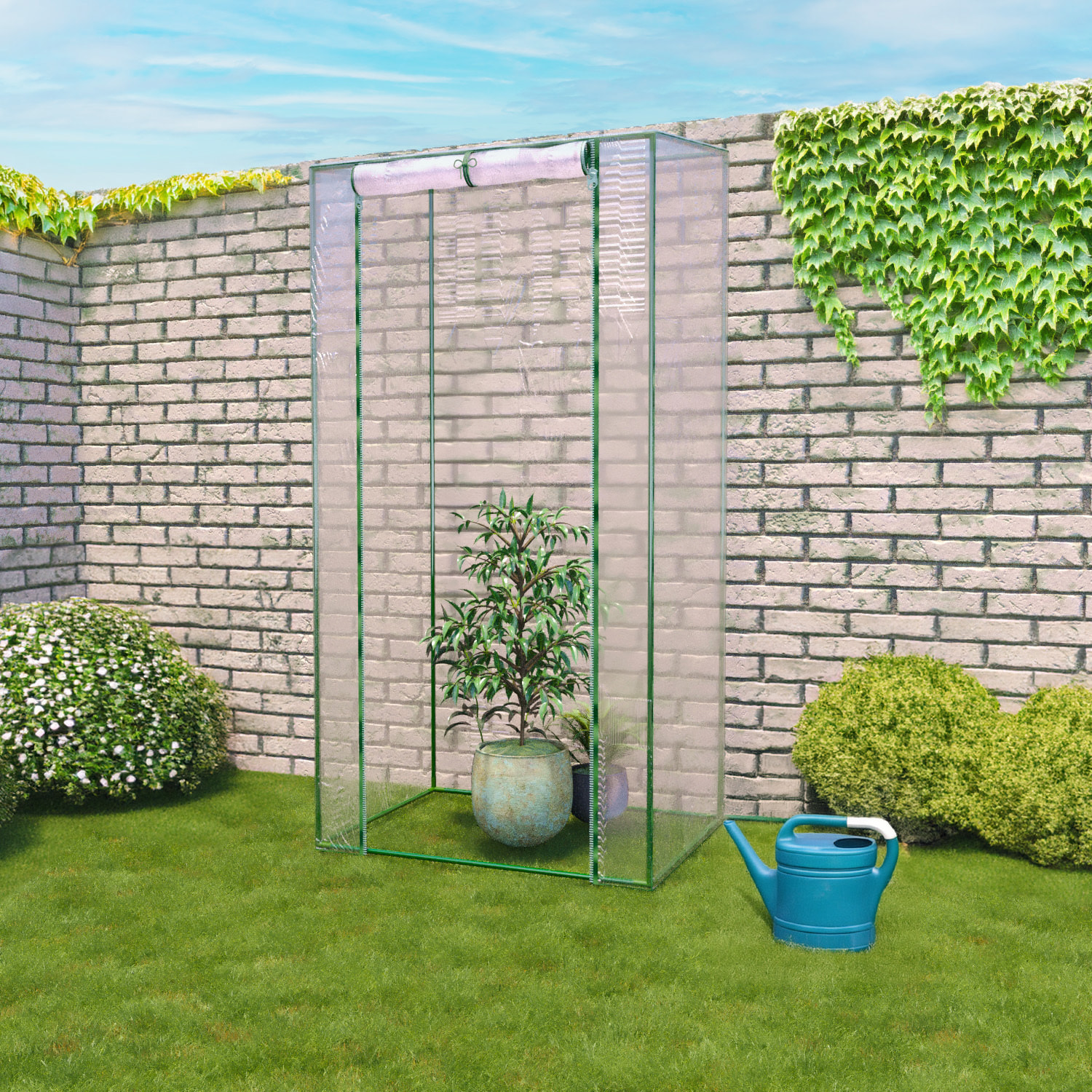 Serra Per Orto Giardino Terrazzo Balcone Senza Ripiani Struttura Metallo Verniciato Telo Trasparente PVC Con Porta Avvolgibile Apertura 95x70x190 Cm