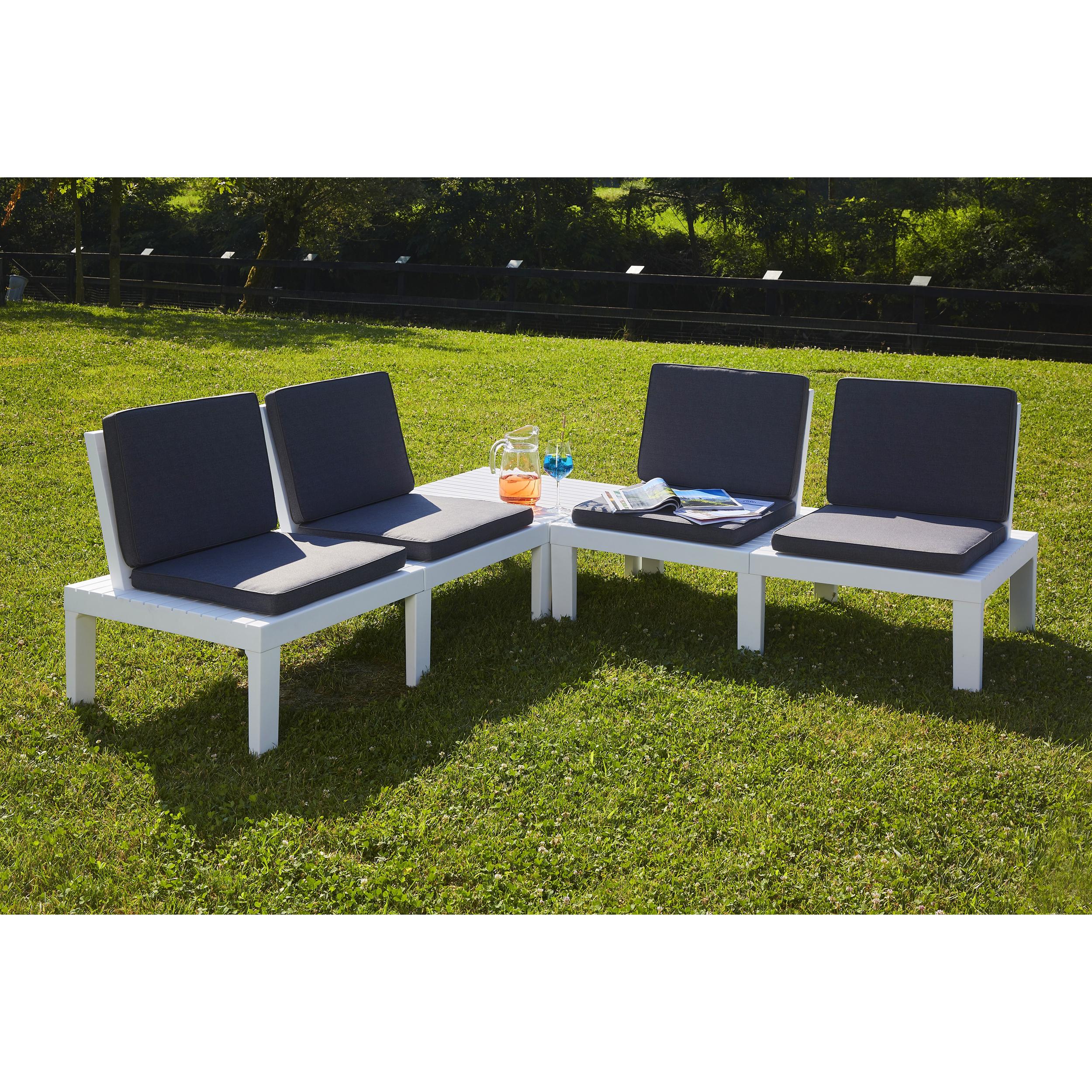 Set salotto da esterno Vigevano, Set da giardino con 4 sedute con schienale ed 1 modulo multifunzione, Salottino con cuscini, 100% Made in Italy, Bianco