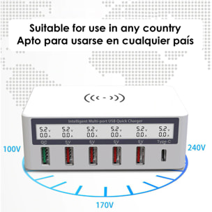 Caricabatterie rapido Multi Qi, con 4 prese USB, 1 uscita QC (Quick Charge) e 1 uscita di tipo C. Display informativo LCD.