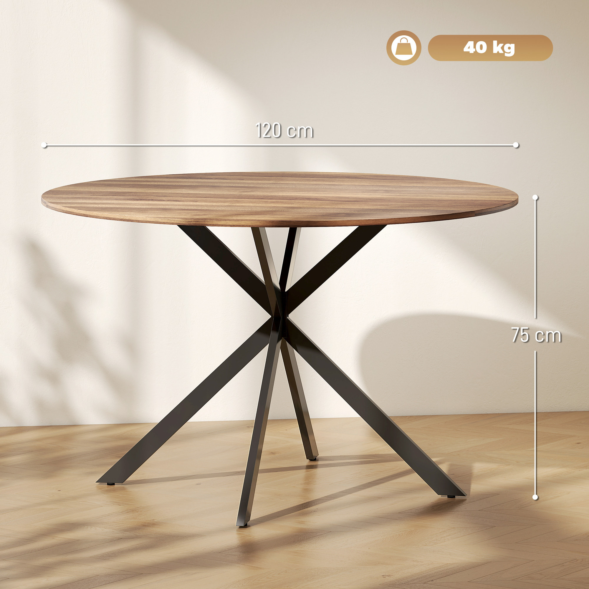 Table ronde bois 4 personnes dia. 120 cm style industriel piètement croisé acier noir noyer