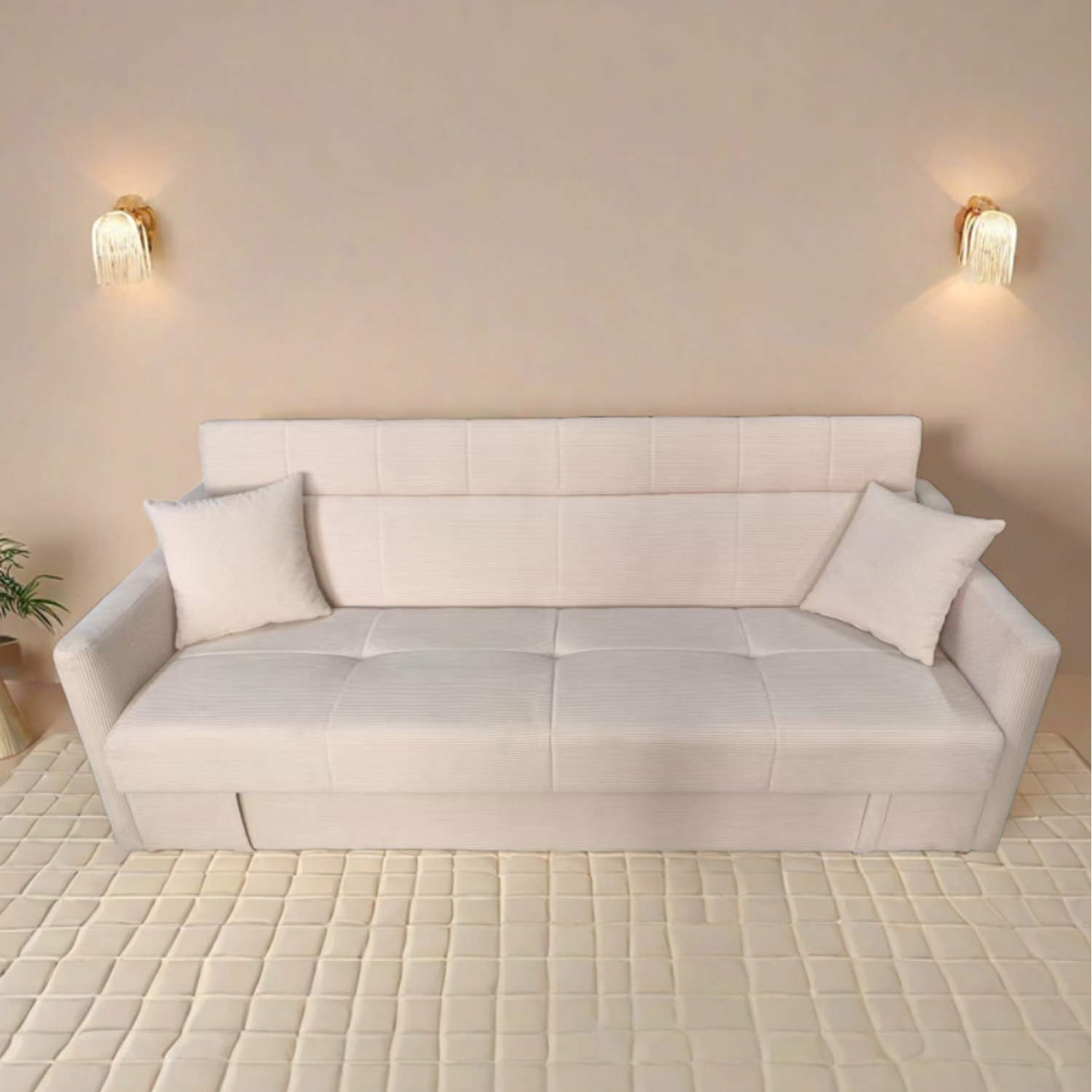 BAKAR Canapé convertible avec coffre en velours cotelé beige 3 places