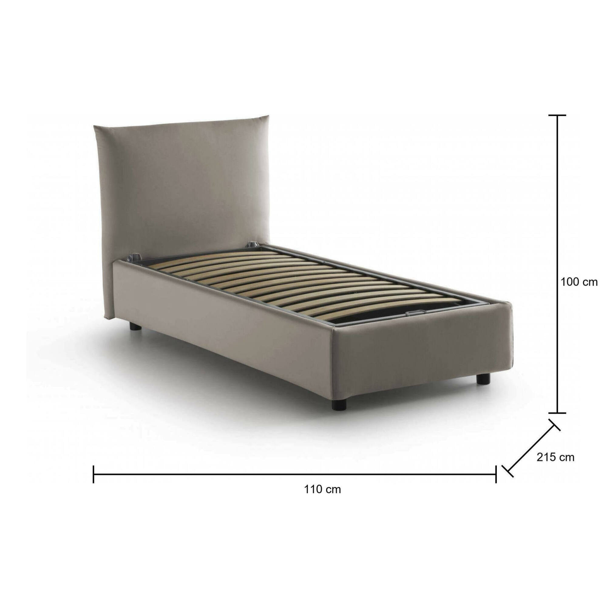 Letto singolo Marina, Letto contenitore con rivestimento in tessuto, 100% Made in Italy, Apertura laterale, adatto per materasso Cm 80x190, Tortora