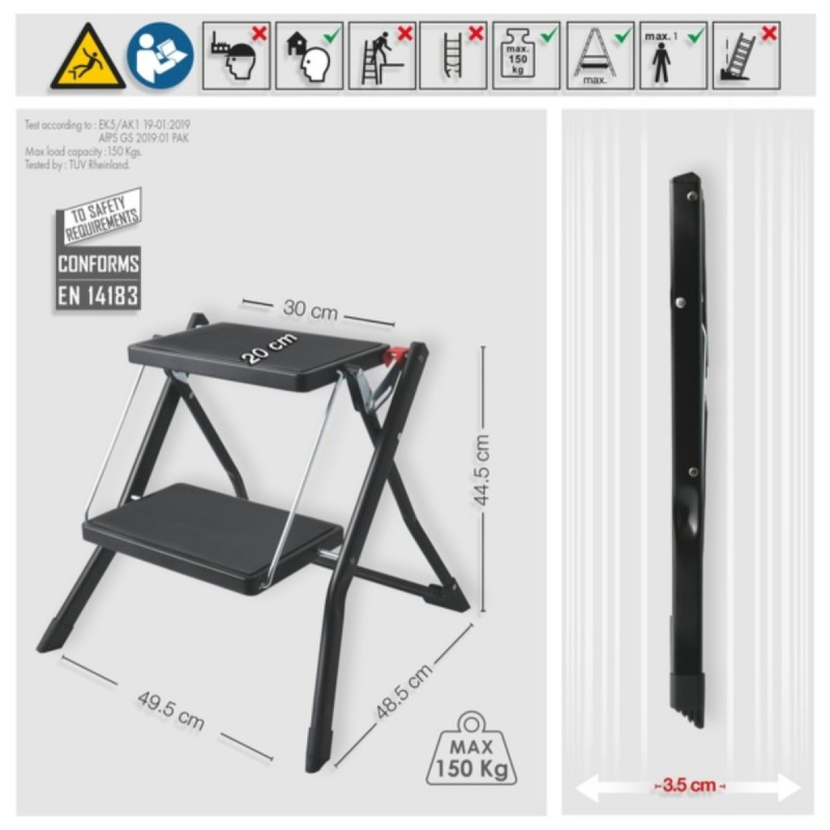 Marche Pied 2 marches pliant & anti-dérapant léger en Acier - Max 150kg - Noir mat MSV