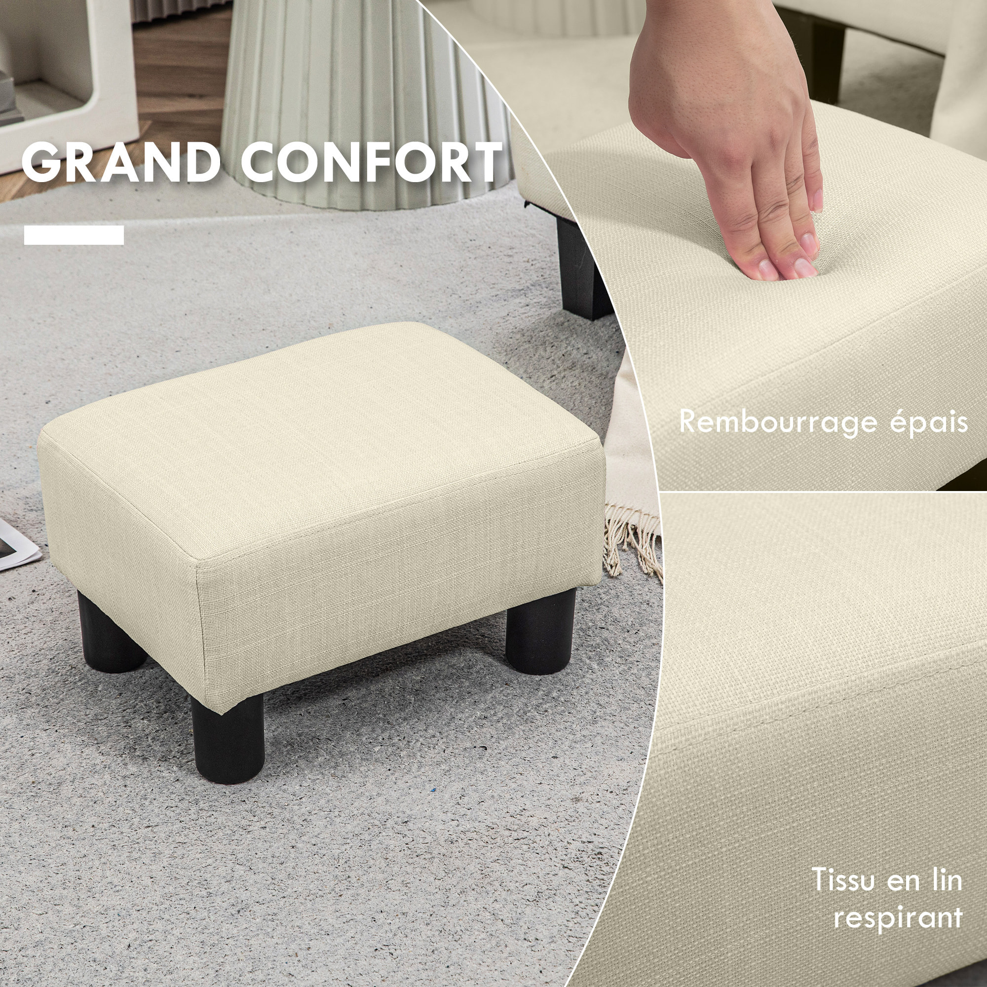 Repose-pied pouf tabouret style contemporain max. 150 Kg tissu beige chiné