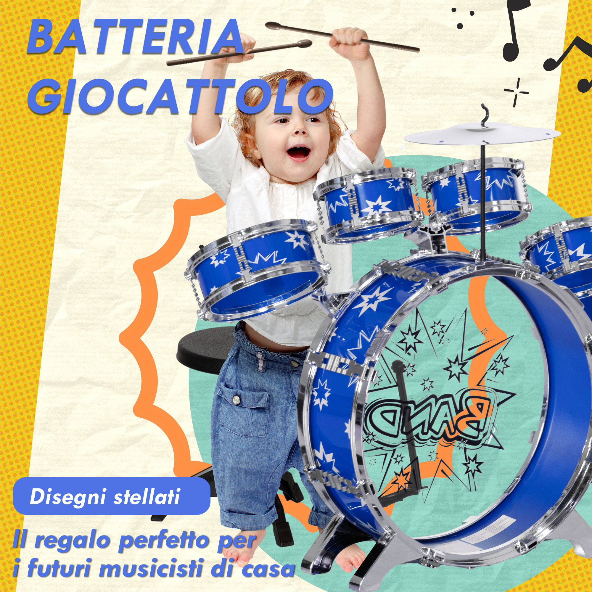 AIYAPLAY Set Batteria per Bambini con Grancassa con Pedale, Tamburi, Piatto e Sgabello, Età 3-6 Anni, Blu