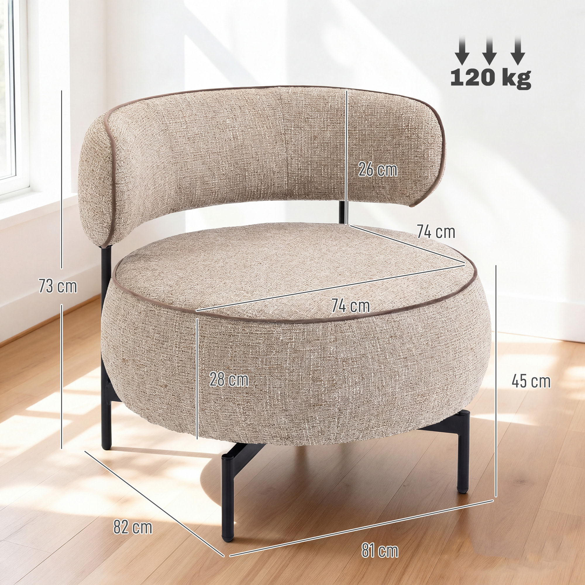Butaca de Salón con Asiento Giratorio, Sillón de Salón, Tapizado en Lino, con Asiento Amplio, Acolchado Grueso, Patas de Metal para Dormitorio, Lectura, Beige