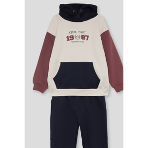 Conjunto niño sudadera con capucha crudo, marino y teja de felpa, bolsillo canguro y puños elásticos | Color: Marino | Street Monkey