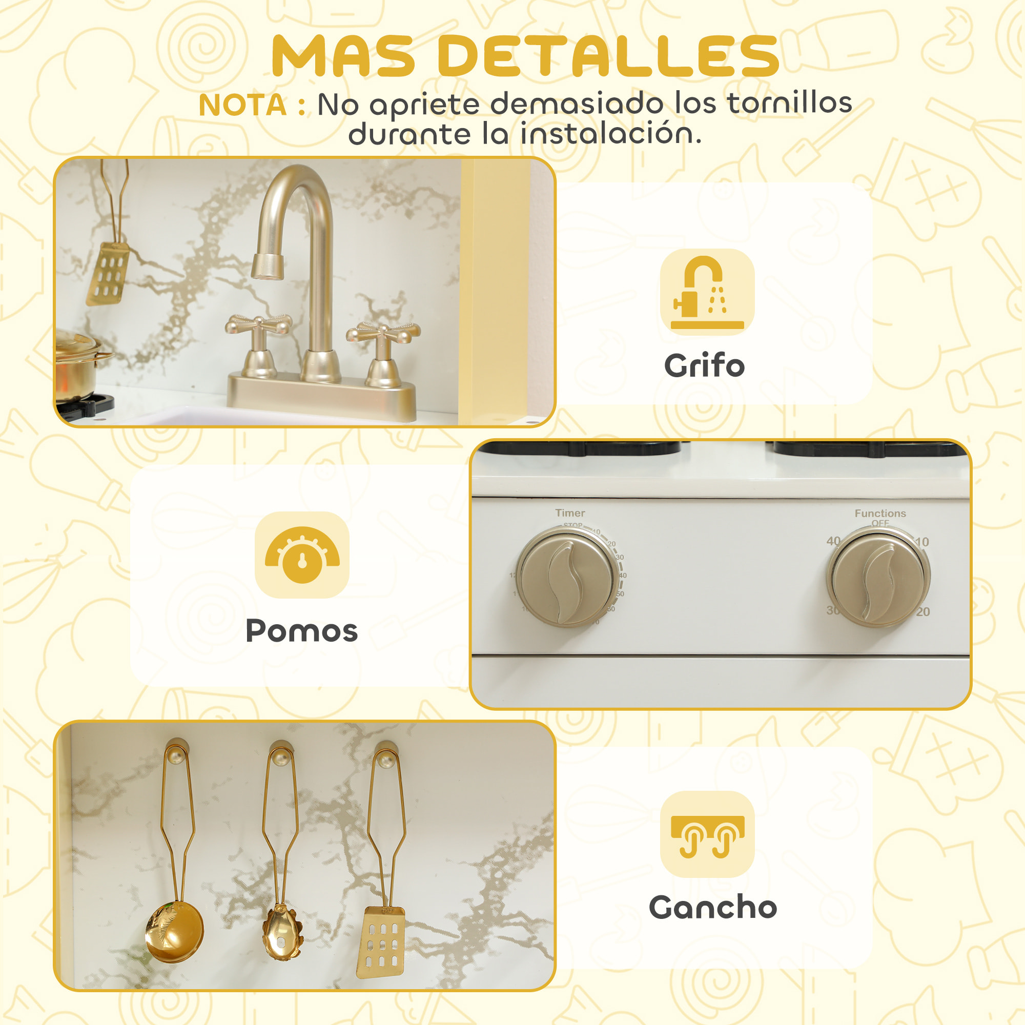 Cocina de Juguete de Madera con Sonido, Cocinita Infantil con Accesorios de Acero Inoxidable, Microondas, Horno, Fregadero, Verduras para Cortar, para Niños a Partir de 3 Años, Dorado