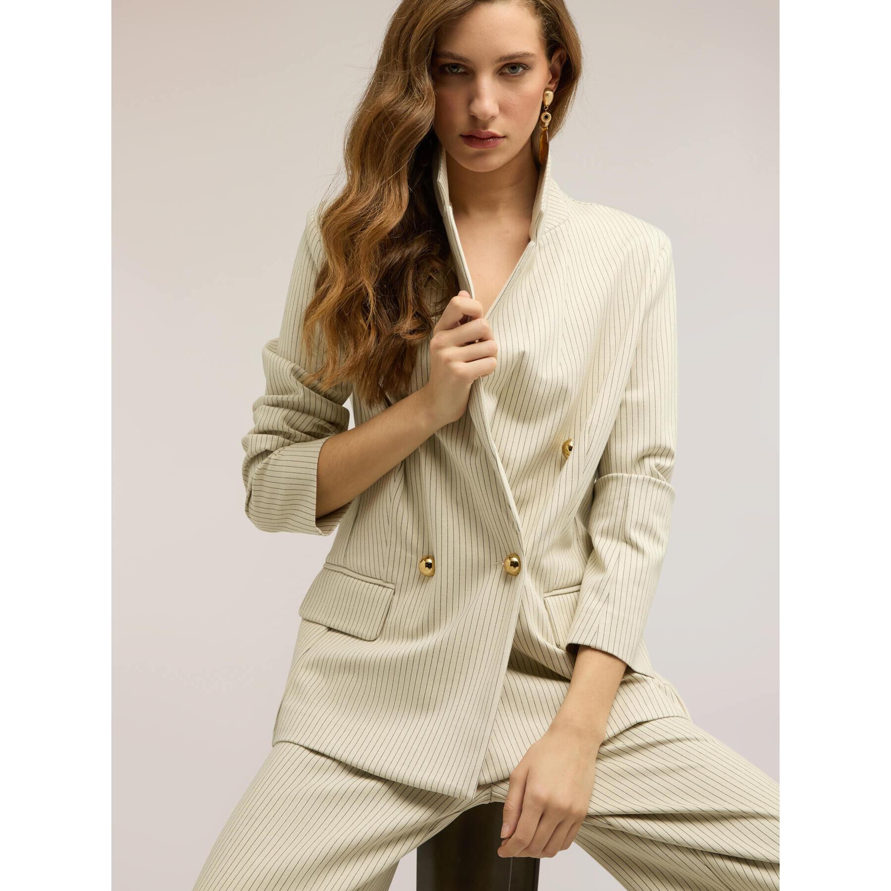 Motivi - Blazer cruzado de rayas diplomáticas en mezcla de algodón - Blanco