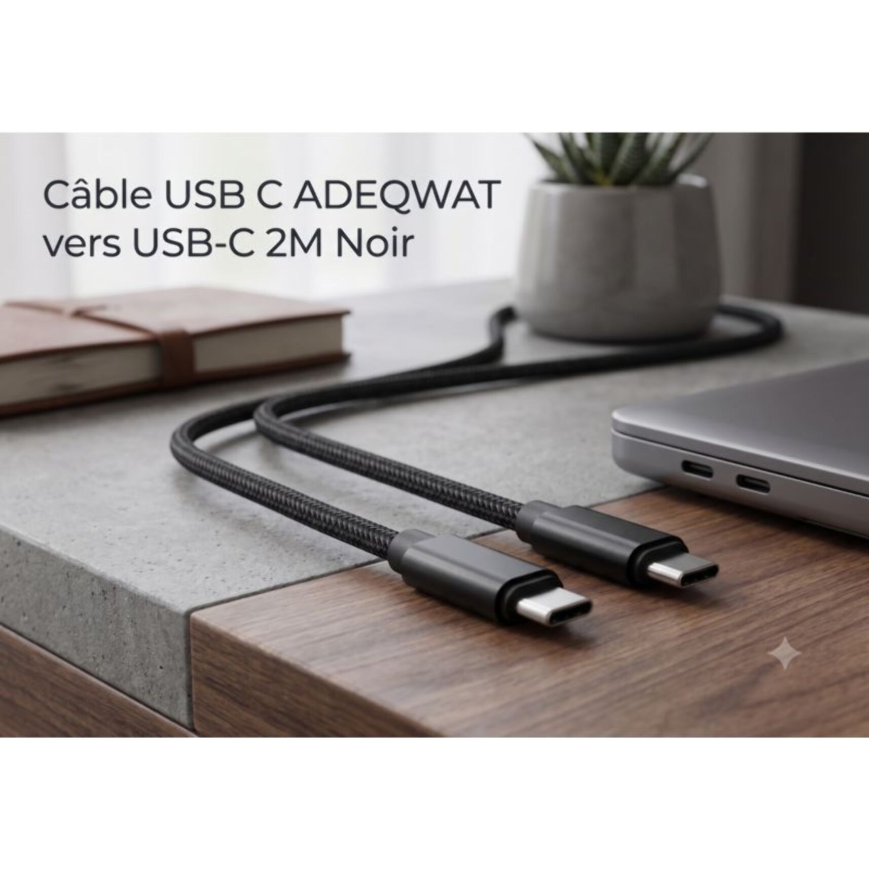 Câble USB C ADEQWAT vers USB-C 2M Noir compatible iPhone 17 16 15 Pro Max et Samsung Galaxy S25 S24 Ultra