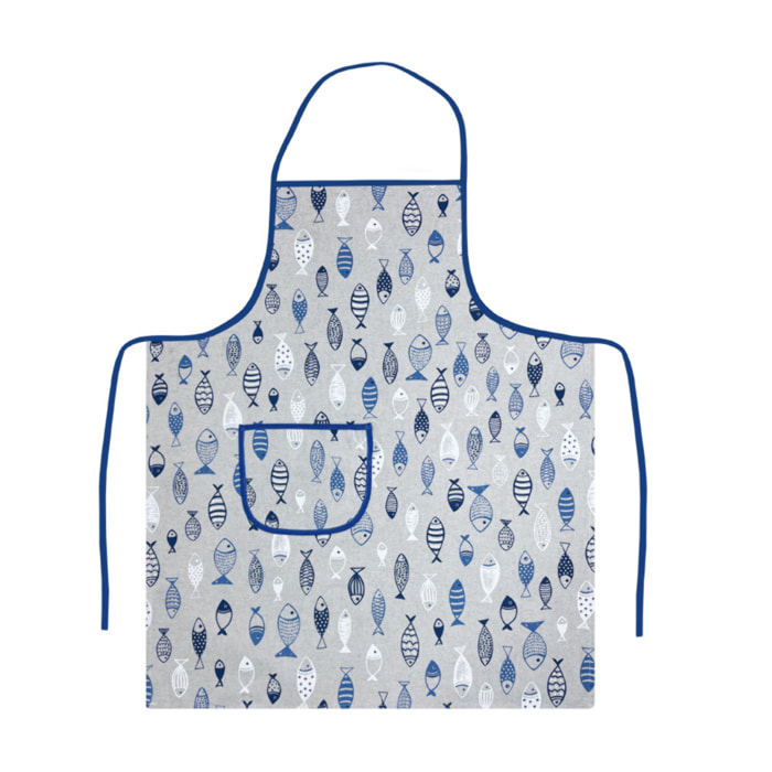 Set 2 Pezzi Grembiule Cucina Con Tasche 100% Cotone Disegno Pesci Azzurro