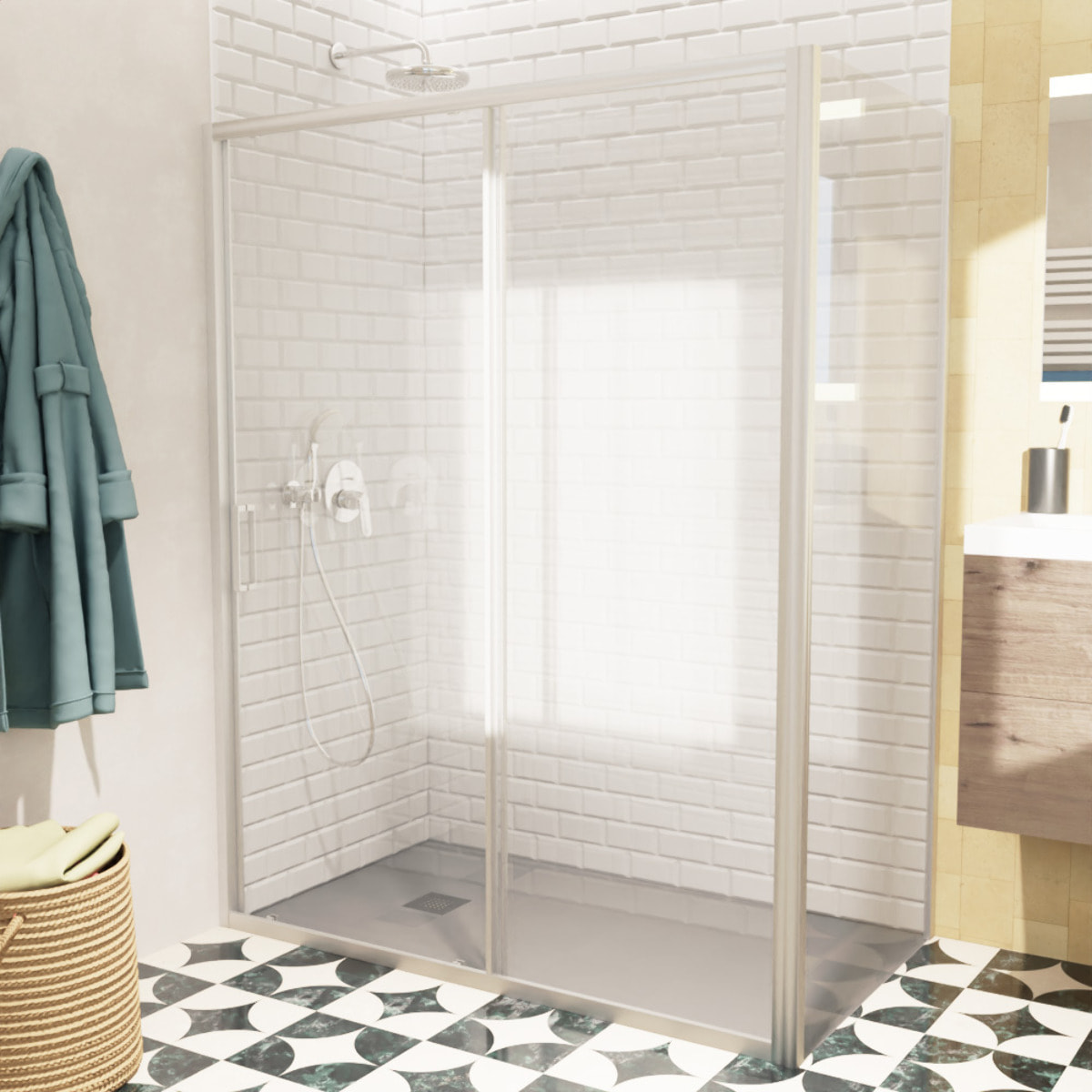 TEX BB ensemble porte coulissante/paroi 140x100cm anticalcaire avec profilés chrome brillant (TEXDBB140S100-SET)