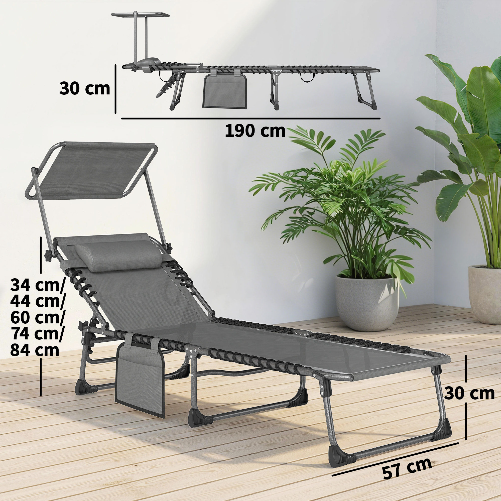 Set de 2 Tumbonas Jardín Exterior, Tumbonas Plegables con Reposacabezas, Parasol y Bolsillo Lateral, Respaldo Reclinable 5 Posiciones y Asiento Malla Transpirable para Playa, Piscina, Gris