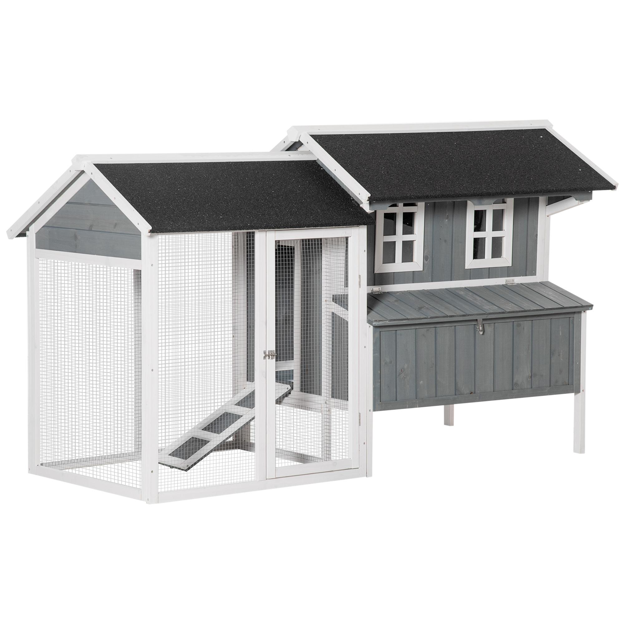 Gallinero de Madera Exterior Jaula para 2-3 Gallinas con Corral de Alambre Nido Techo Asfáltico Bandeja Extraíble 2 Perchas y Rampa 209,5x96x123 cm Gris Azulado