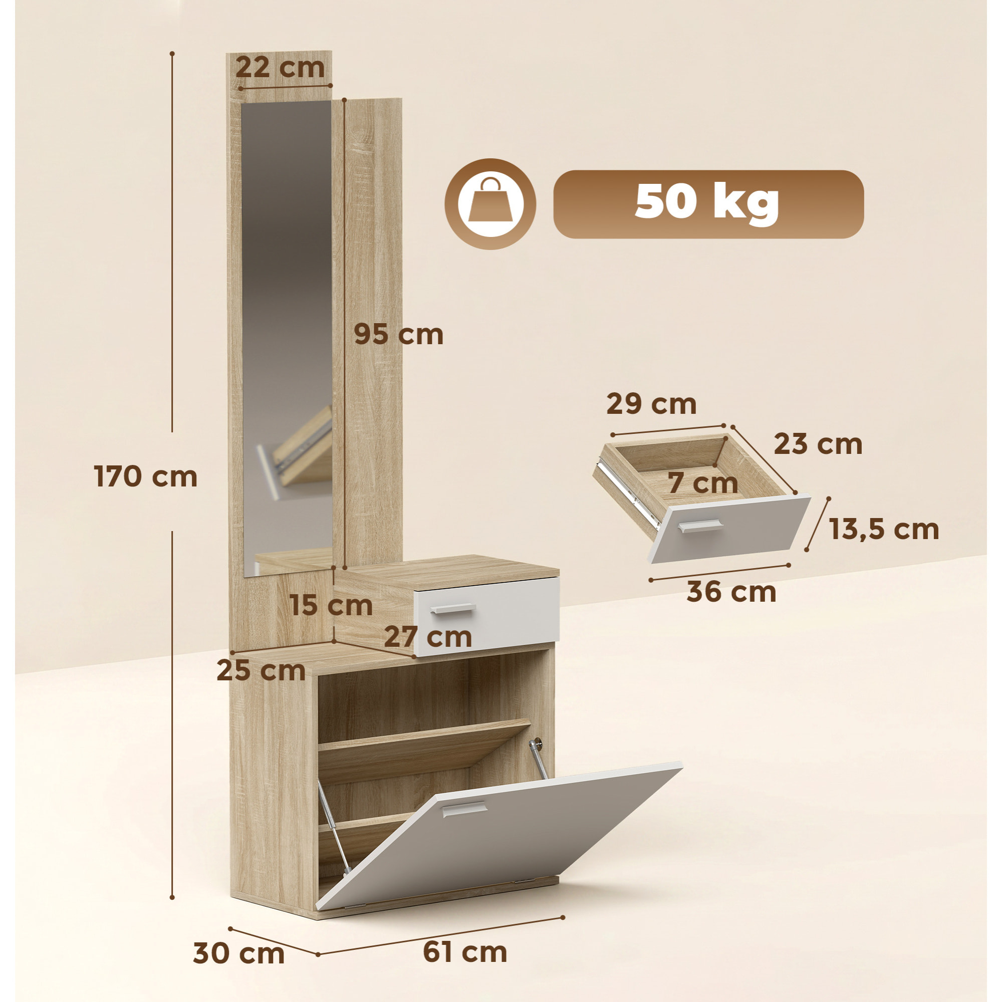 HOMCOM Recibidor de Entrada con Espejo y Zapatero Abatible, Mueble Recibidor de 2 Piezas con Asiento, Cajón, Mesa Pequeña para Pasillo, 61x30x170 cm, Blanco