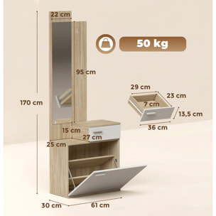 HOMCOM Recibidor de Entrada con Espejo y Zapatero Abatible, Mueble Recibidor de 2 Piezas con Asiento, Cajón, Mesa Pequeña para Pasillo, 61x30x170 cm, Blanco