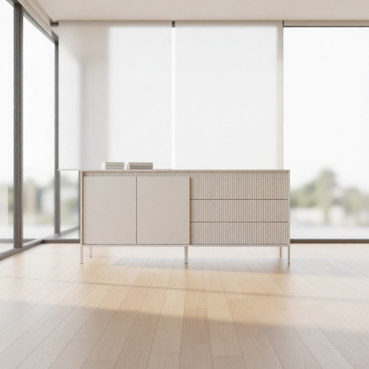 Madia Credenza 2 Ante 3 Cassetti Push To Open Con Ripiani E Vani Mobile Soggiorno Design Moderno Con Piedini In Metallo 187.1 x 81.4 x 39.5 Cm Cashmere