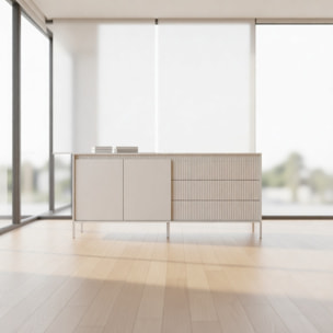 Madia Credenza 2 Ante 3 Cassetti Push To Open Con Ripiani E Vani Mobile Soggiorno Design Moderno Con Piedini In Metallo 187.1 x 81.4 x 39.5 Cm Cashmere