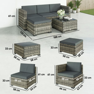 Conjunto de Jardín de Ratán de 5 Piezas, Conjunto Terraza Resistente, Muebles Jardín Exterior Incluye Cojines, 2 Sillones de Esquina, Sillón sin Brazos, Reposapiés y Mesa Centro, Gris Oscuro