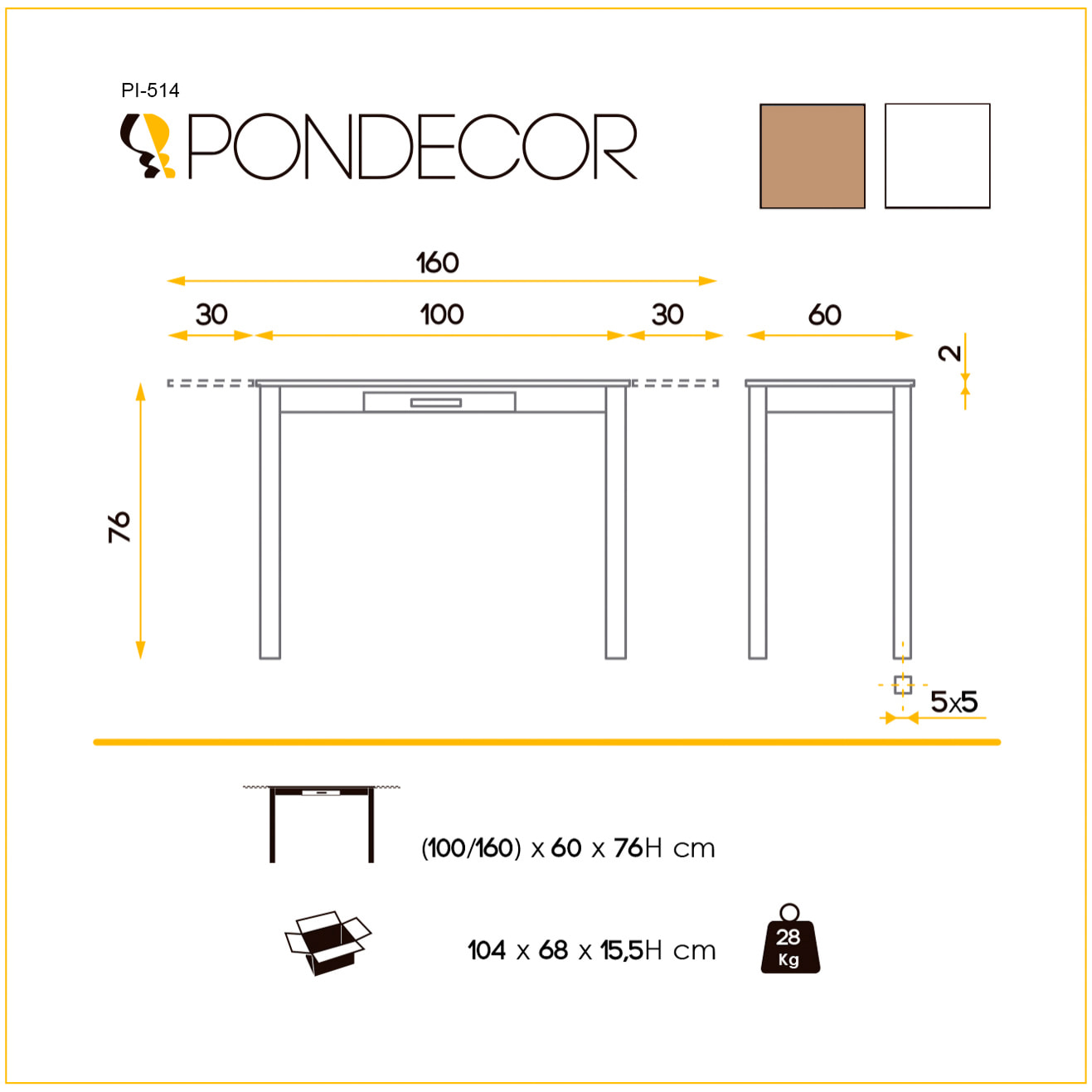 Mesa de cocina LIVORNO - blanco y roble amazonas - 100/160x60x76cm