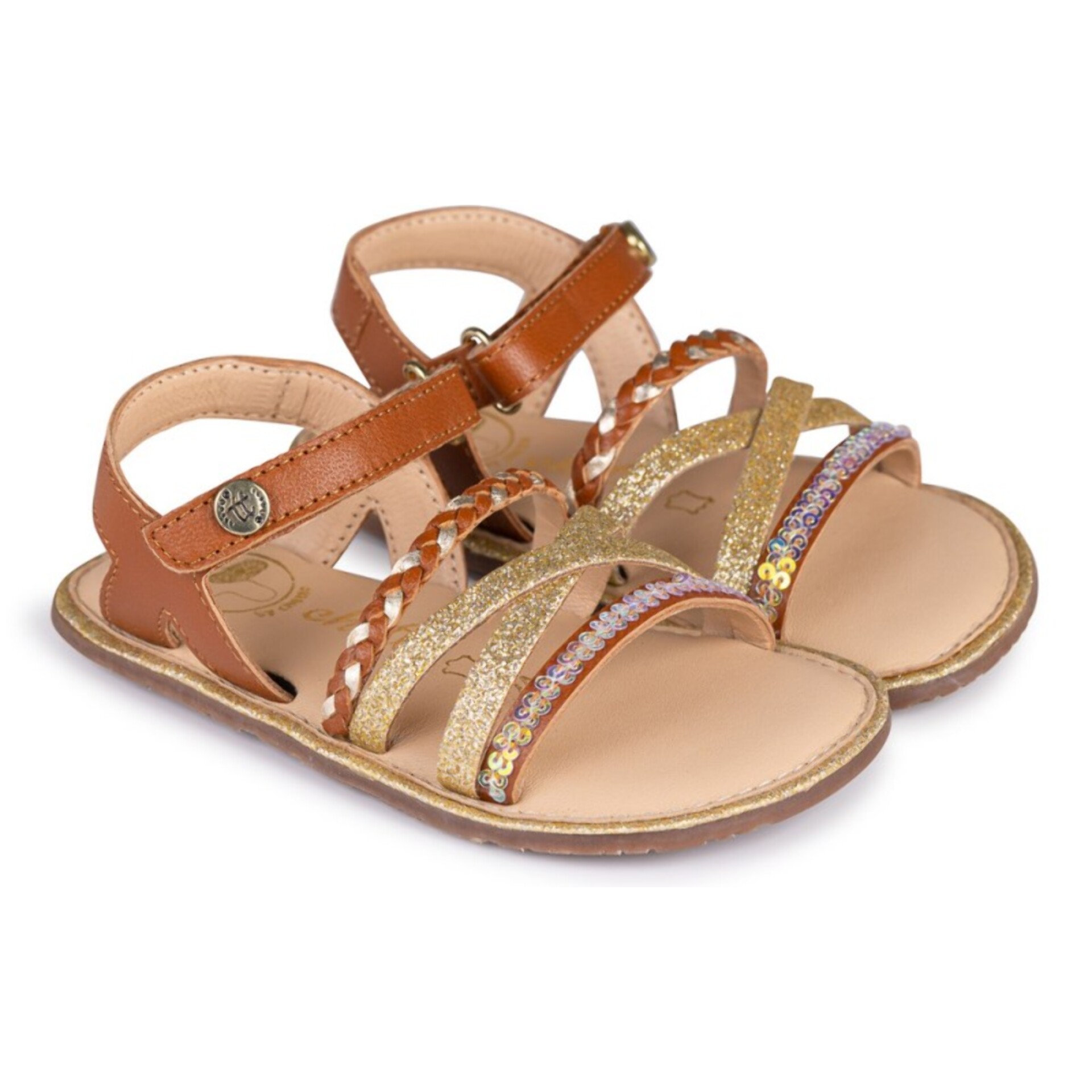 SANDALIA BAREFOOT MOKA - TIRAS DORADAS Y VELCRO AJUSTABLE