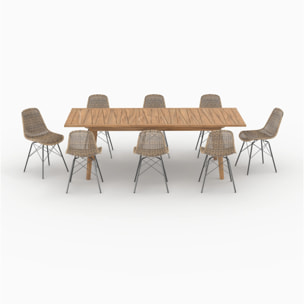 Table et chaises de jardin 8 personnes en bois de teck, résine tressée - Tiptur