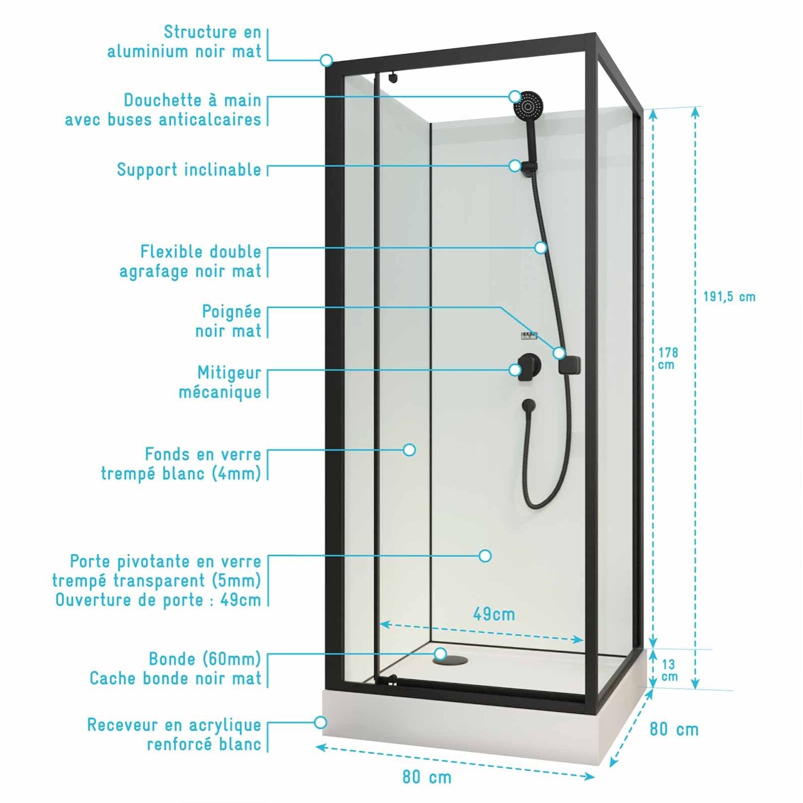 Cabine de douche carrée 80x80x200 cm - Porte pivotante - Fonds Blancs & Profilés Noir Mat