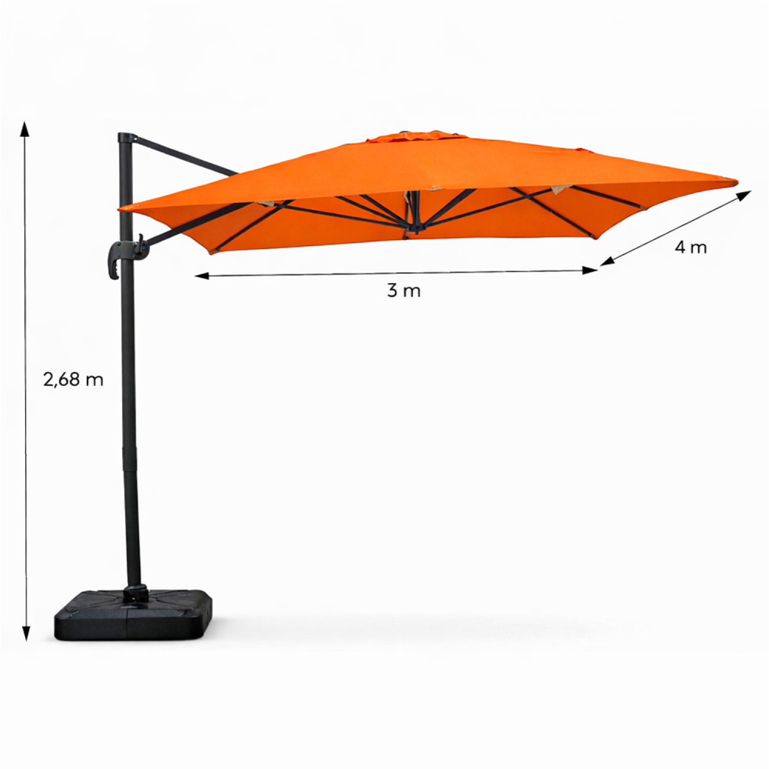 Parasol rectangulaire 3x4m déporté rotatif orange en aluminium NAVIA