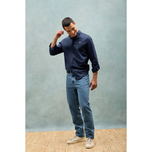 Camisa azul marino de lino y algodón regular fit con logo bordado