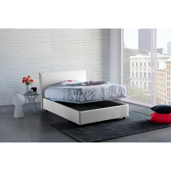 Letto piazza e mezza Chicca, Letto contenitore con rivestimento in tessuto, 100% Made in Italy, Apertura frontale, con materasso Cm 120x200 incluso, Bianco