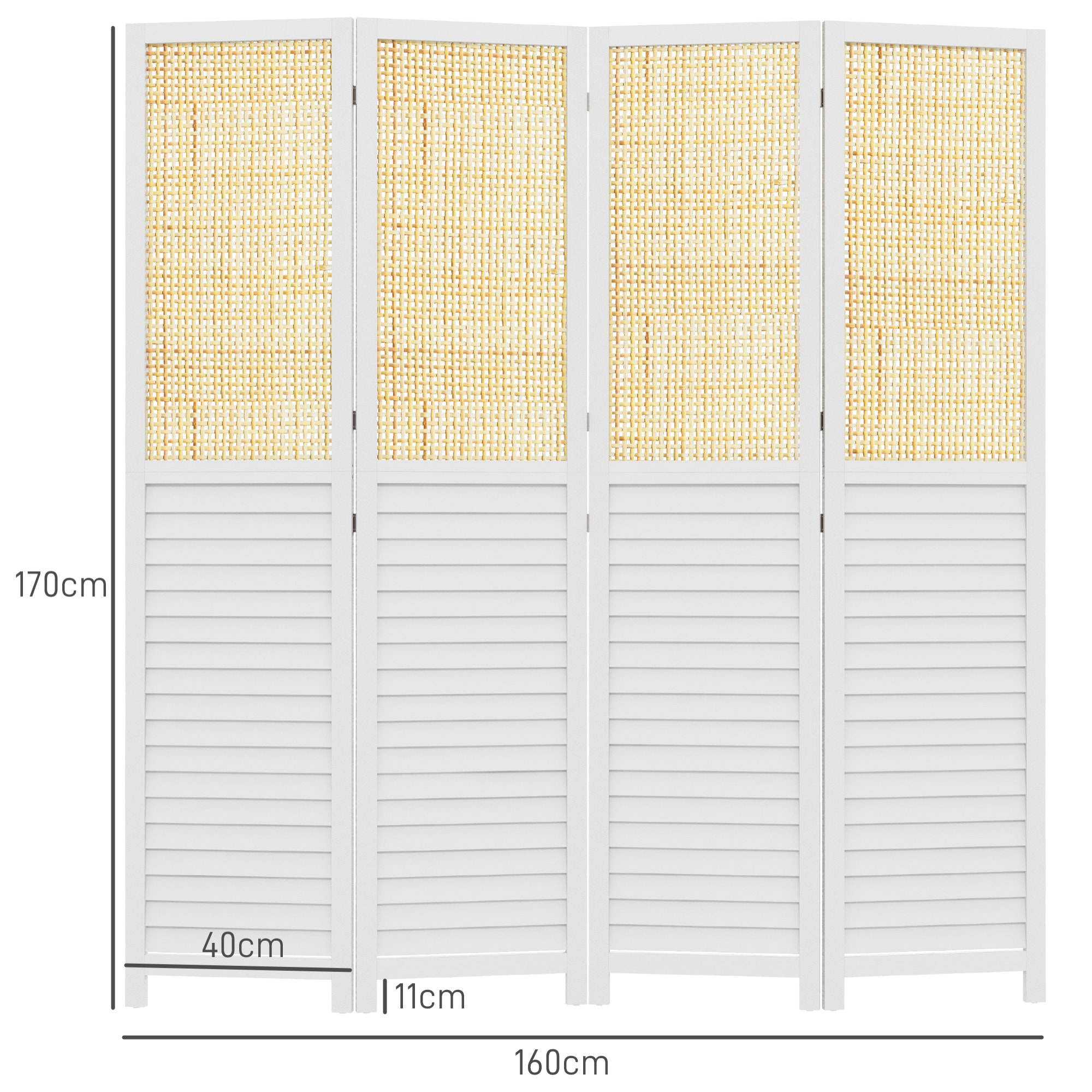 Paravent séparateur de pièce 4 panneaux pliables dim. 160L x 170H cm - bois blanc aspect rotin