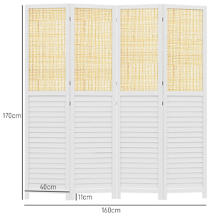 Paravent séparateur de pièce 4 panneaux pliables dim. 160L x 170H cm - bois blanc aspect rotin