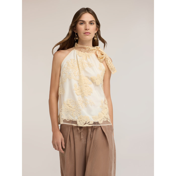 Motivi - Top in pizzo con ricami e collo halter - Beige