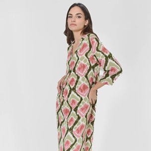 Vestido midi bambula detalles plisados amapola verde/rosa