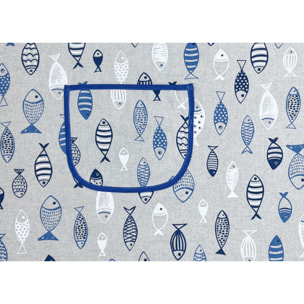 Set 2 Pezzi Grembiule Cucina Con Tasche 100% Cotone Disegno Pesci Azzurro
