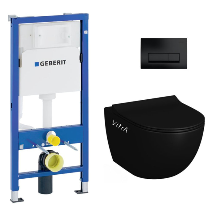 Pack WC Bati-support Geberit Duofix + WC sans bride Vitra SENTO noir mat + Abattant frein de chute + Plaque noire (BlackSentoGeb
