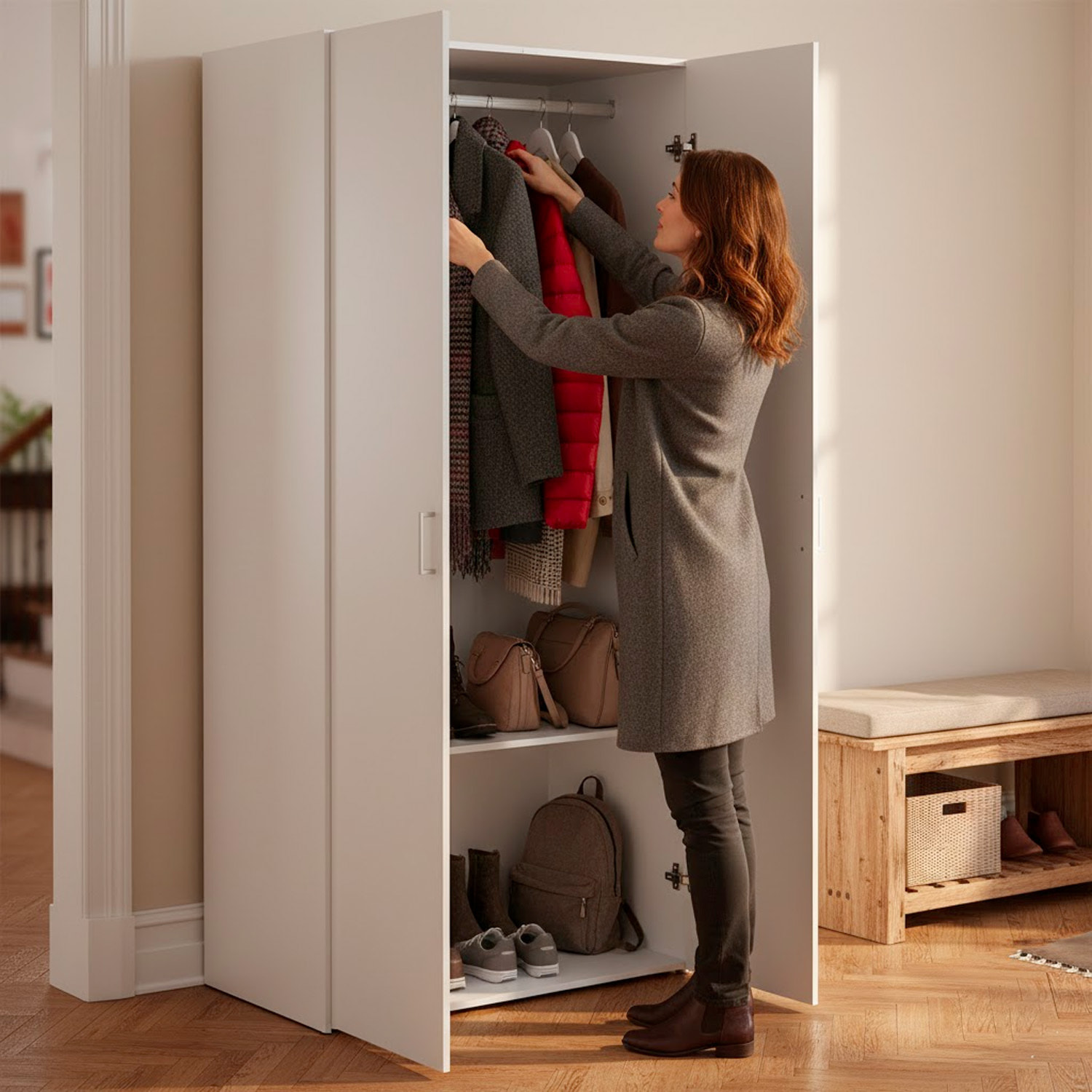 Armadio Multiuso Con 2 Ante Battenti Armadietto Design Moderno Salvaspazio Vano Con Barra Appendiabiti E Ripiani 77.6 x 49.52 x 175.4 Cm Bianco