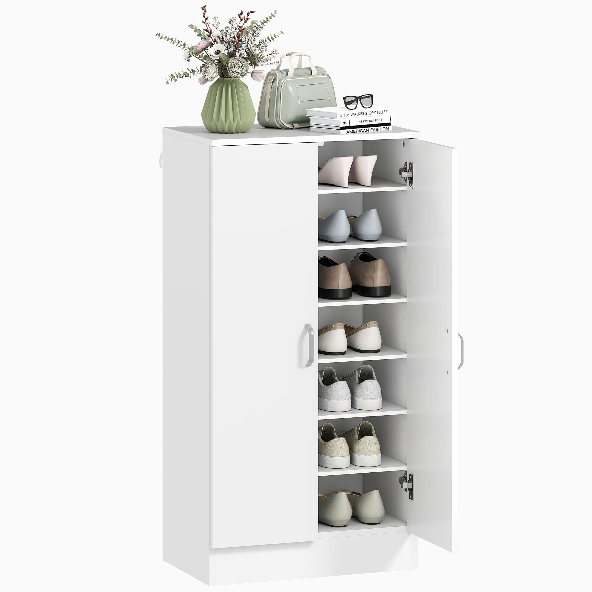 Zapatero de 2 Puertas, Zapatero Entrada Recibidor con 6 Estantes Ajustables, para 14 Pares de Zapatos, 55x35x108 cm, Blanco