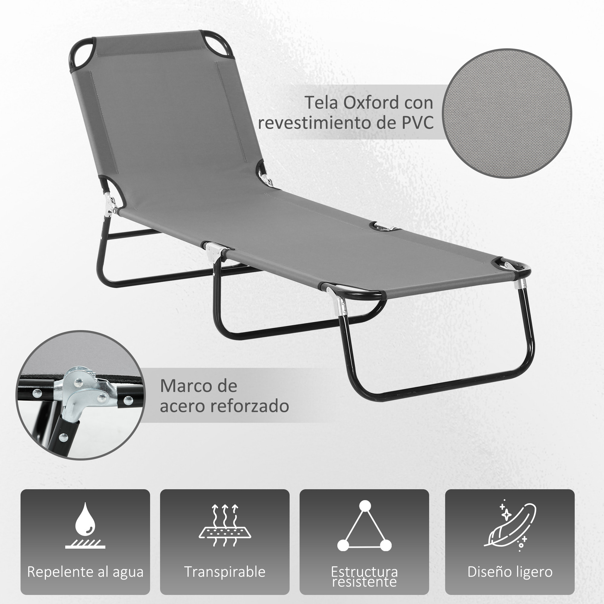 Tumbona Plegable Reclinable con Ángulo Ajustable de 5 Posiciones para Jardín Exterior Piscina Terraza Camping Carga 120 kg 188x56x28 cm Gris