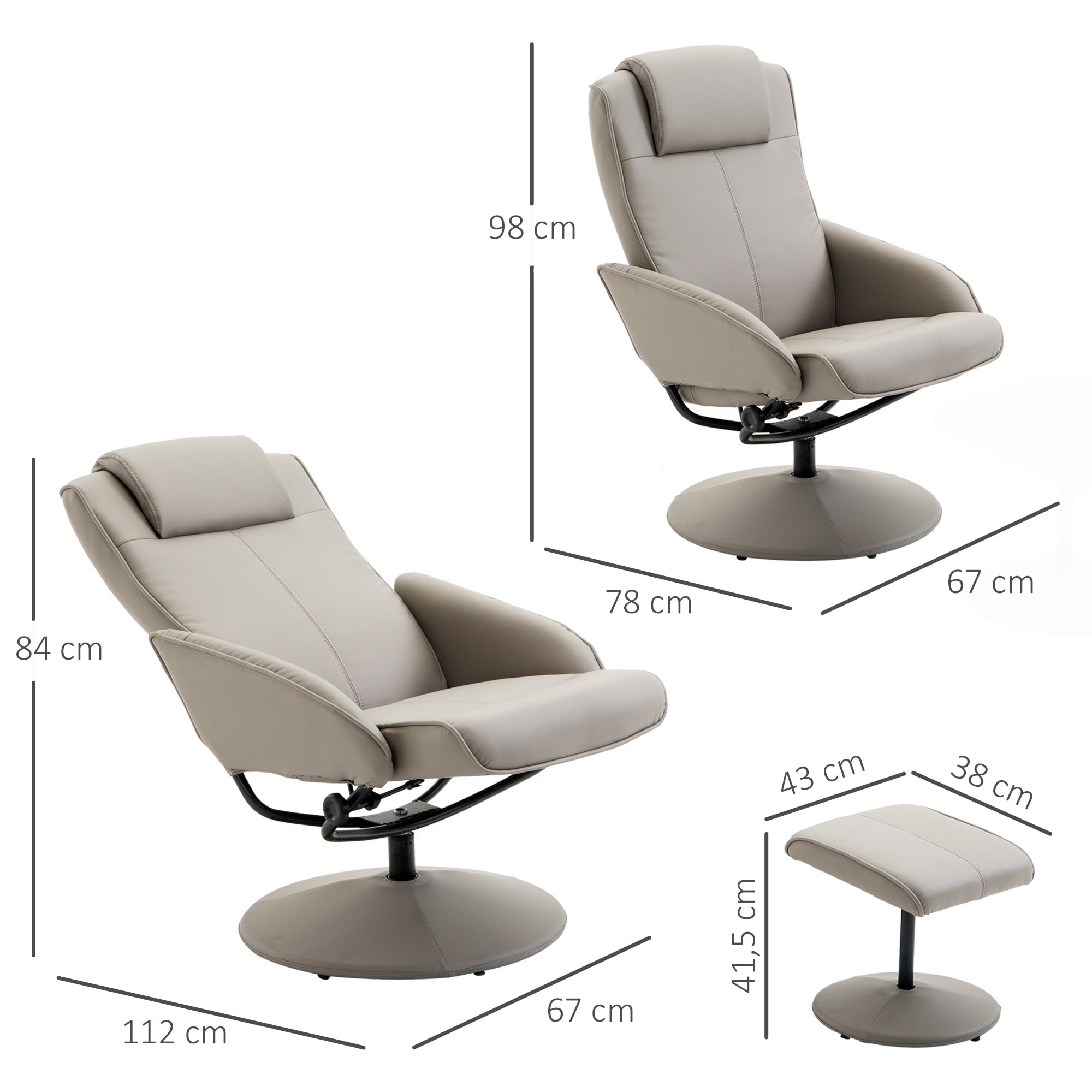 Fauteuil relax inclinable style contemporain avec repose-pieds revêtement synthétique acier gris