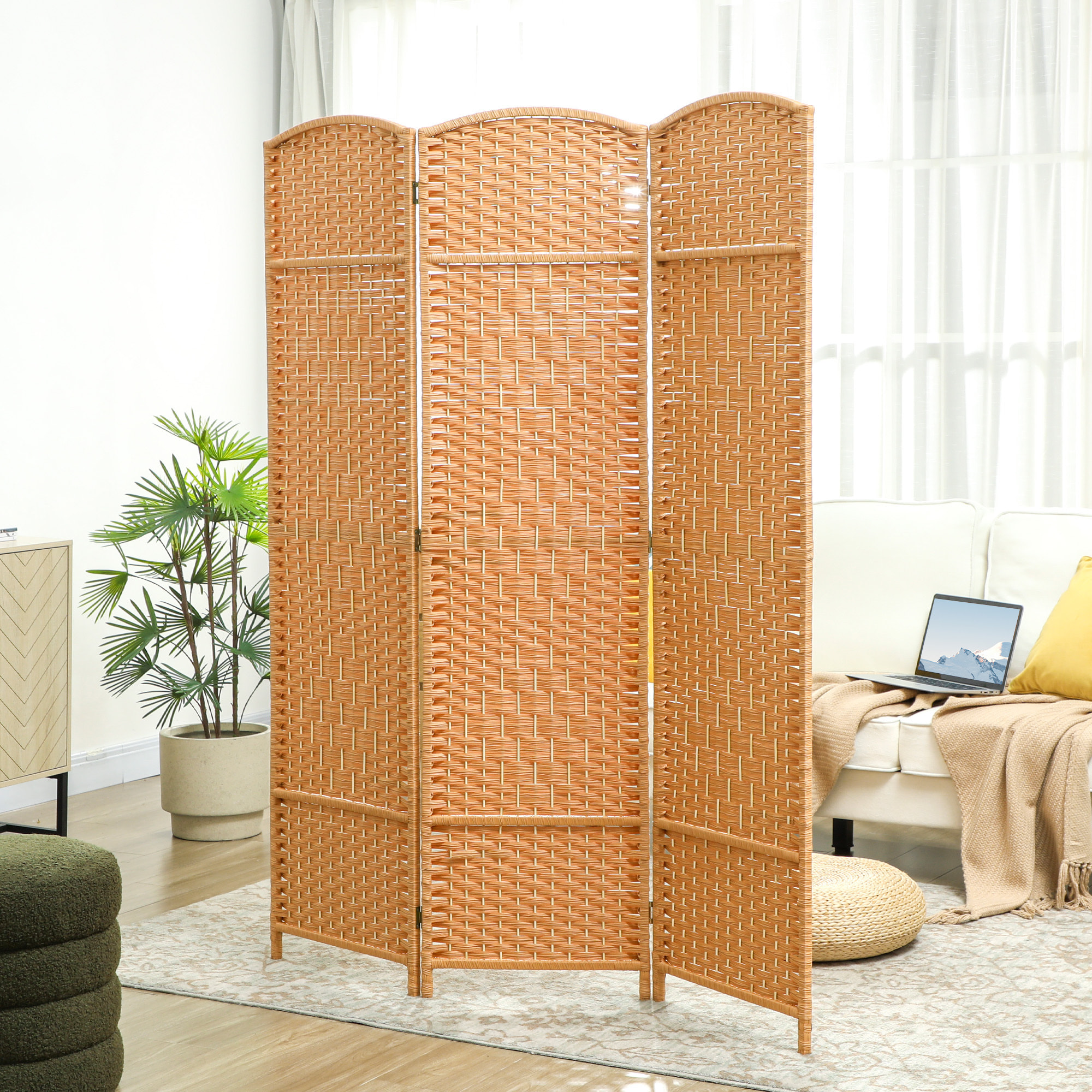 Paravent intérieur 3 panneaux pliables en bois séparateur de pièce style bohème tissé orangé
