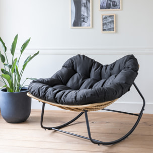 Fauteuil à bascule en rotin synthétique avec coussin noir CINTA