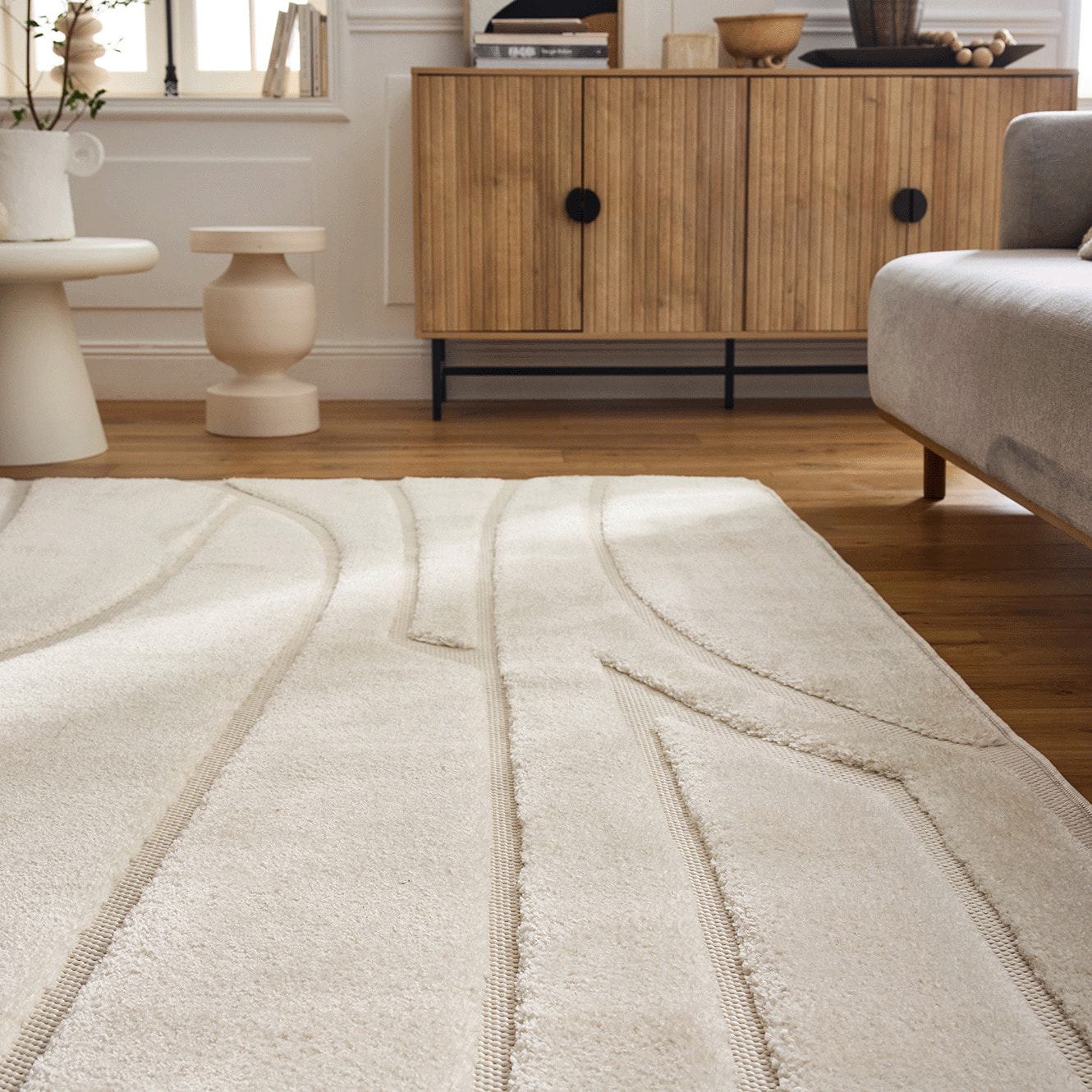 ROMY - Tapis de salon texturé en relief crème - ROM505CRE