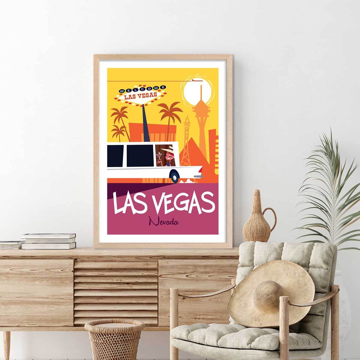 Affiche Road Trip à Vegas Affiche + cadre en bois - Chêne