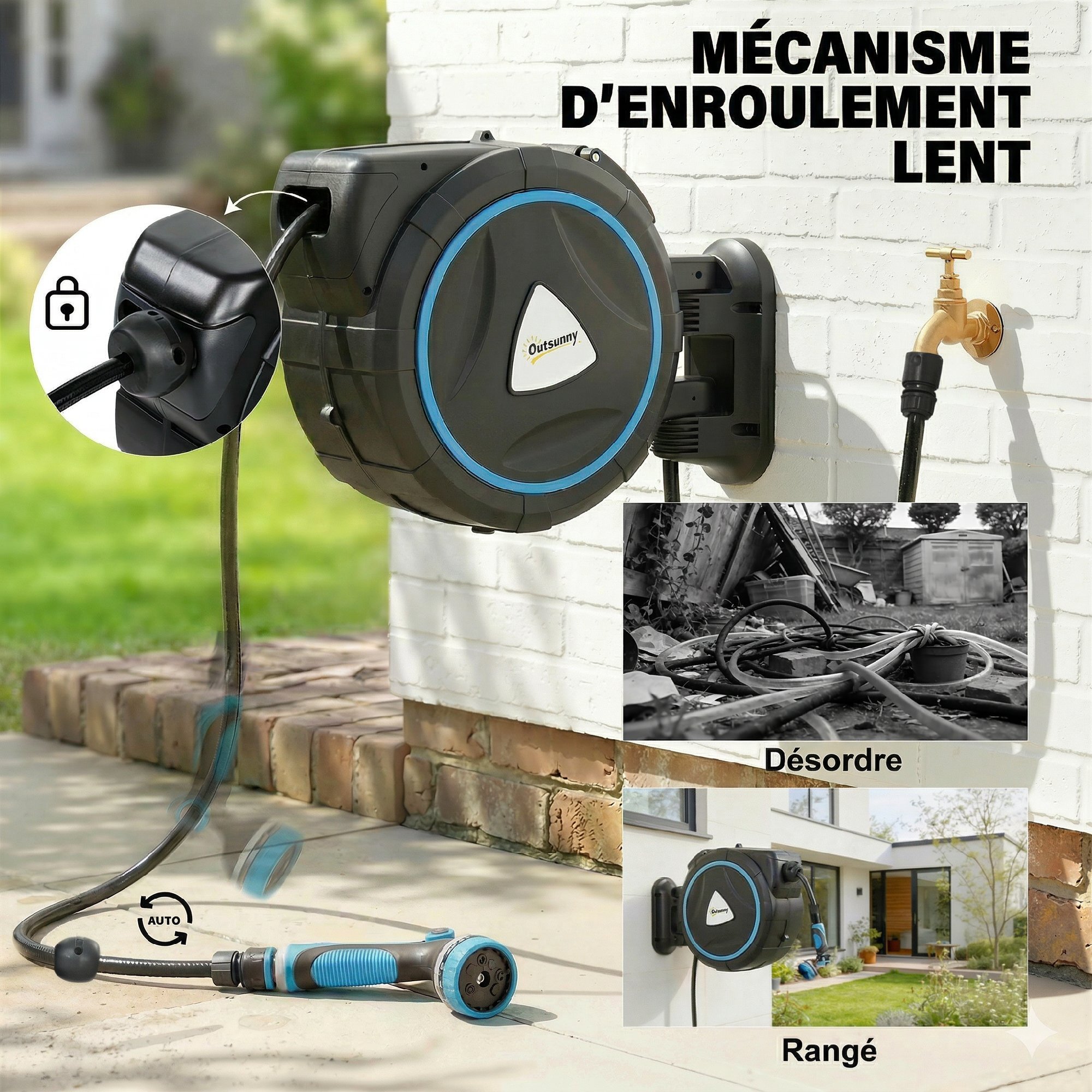 Dévidoir mural enrouleur auto pivotant 180° tuyau 14+1,5 m pistolet arrosage 10+2 modes support mural intégré noir bleu