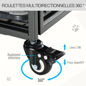 Cage chiens pliable sur roulettes 2 portes verrouillables métal gris noir