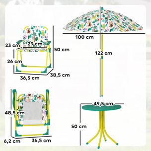 Conjunto de Mesa y Sillas Infantil de Jardín de 4 Piezas, Mesa Infantil con Sillas Plegables, Sombrilla Desmontable, Diseño de Jungla, para Patio, Pícnic, Verde