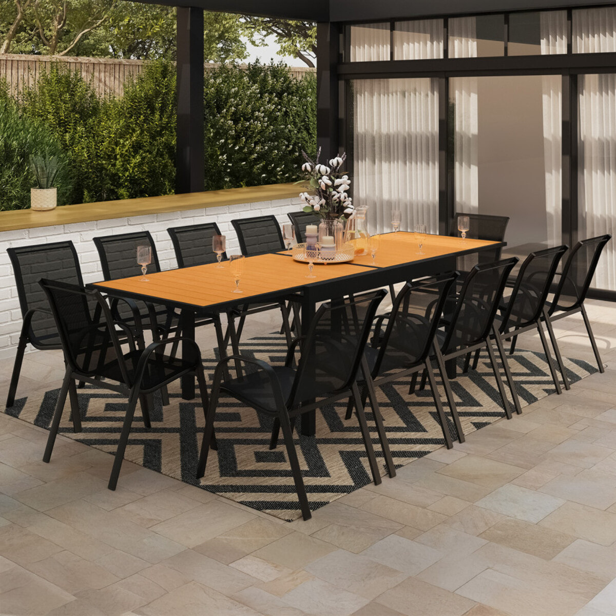 Ensemble repas extensible 12 places polywood noir et bois