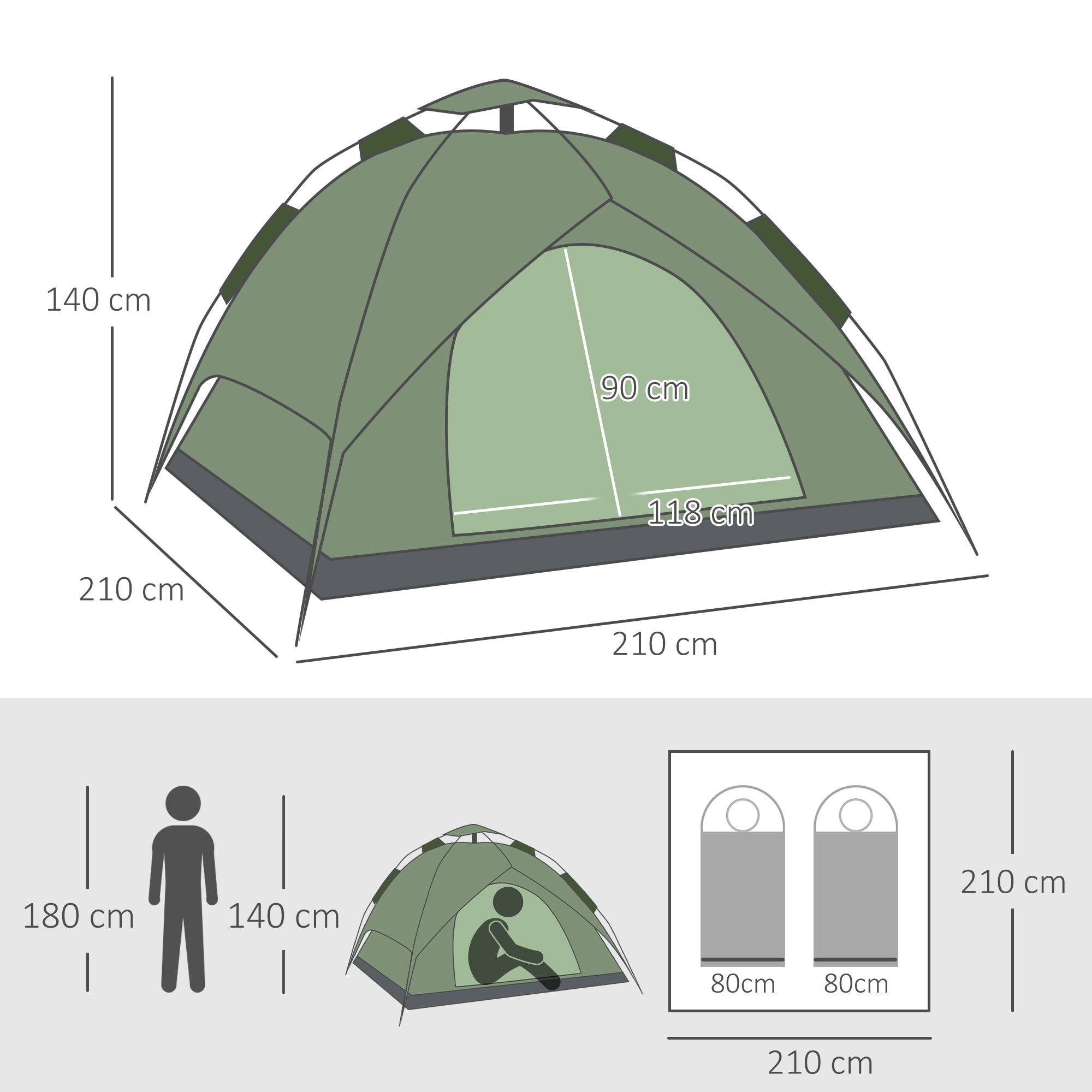 Tente de camping pop up 2-3 personnes 2 portes vert kaki montage démontage facile sac de transport inclus fibre verre polyester